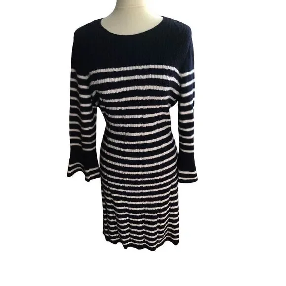 Navy sailor Talbots Navy Blue Ivory Cable Knit Wool Blend Sweater Dress Petite / - Picture 3 of 14